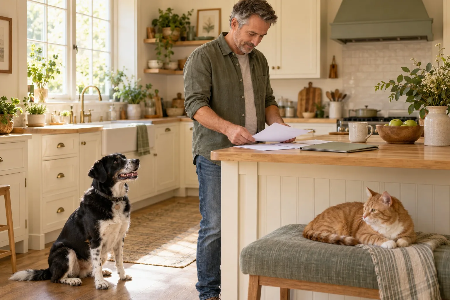 Owner sorting papers at a kitchen counter with a dog and cat nearby