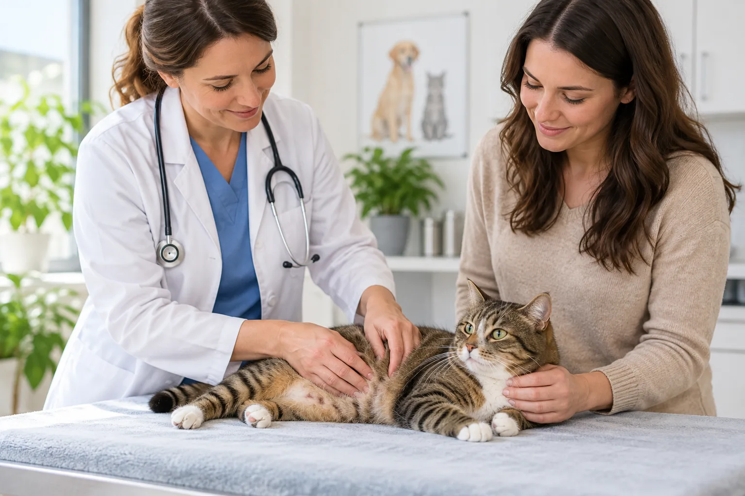 Veterinary professional examining a cat beside an owner